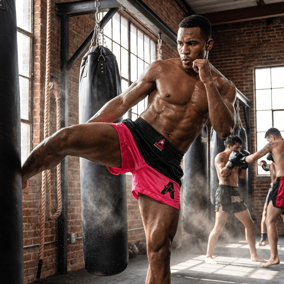 Male athlete in black and red Anthem Athletics 50/50 Muay Thai Shorts kicking a heavy bag in a combat sports gym.